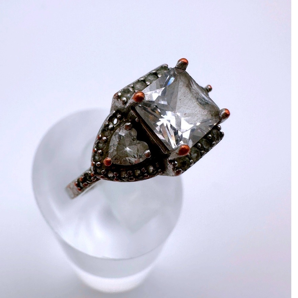 Vintage Womens Statement Ring 925 Sterling Silver Princess Heart Clear Art Deco